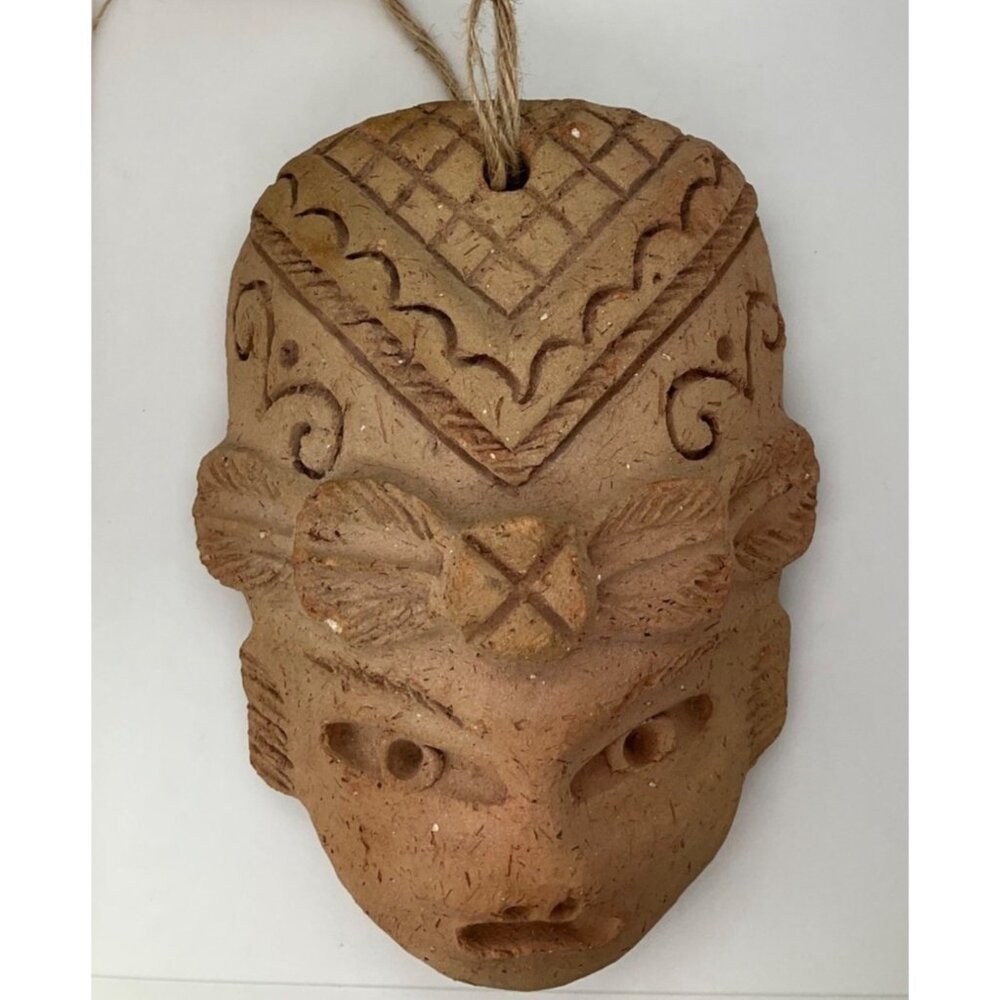 VTG Handmade Clay mask Warrior Headdress wall decor Terracotta Mini 6.5"